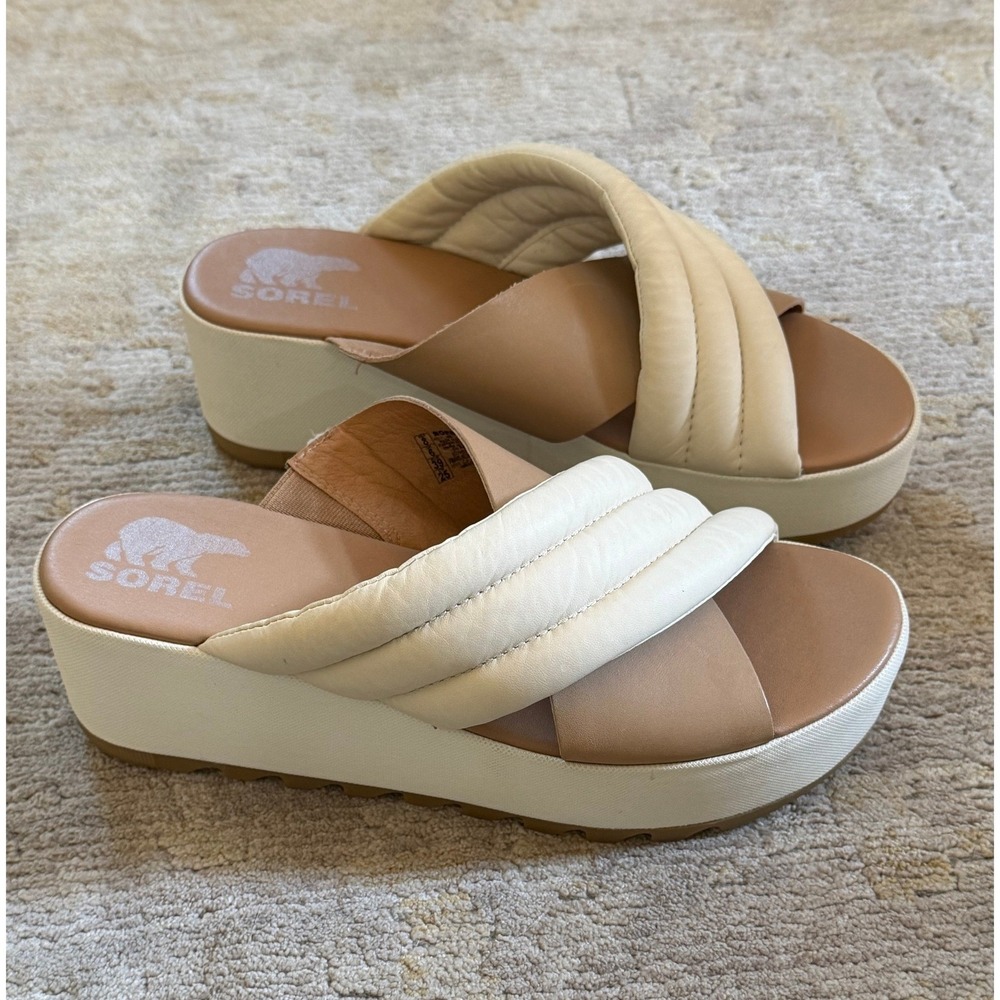 Sorel Cameron Wedge Flatform Sandals Womens 8 Tan Cream Slip On